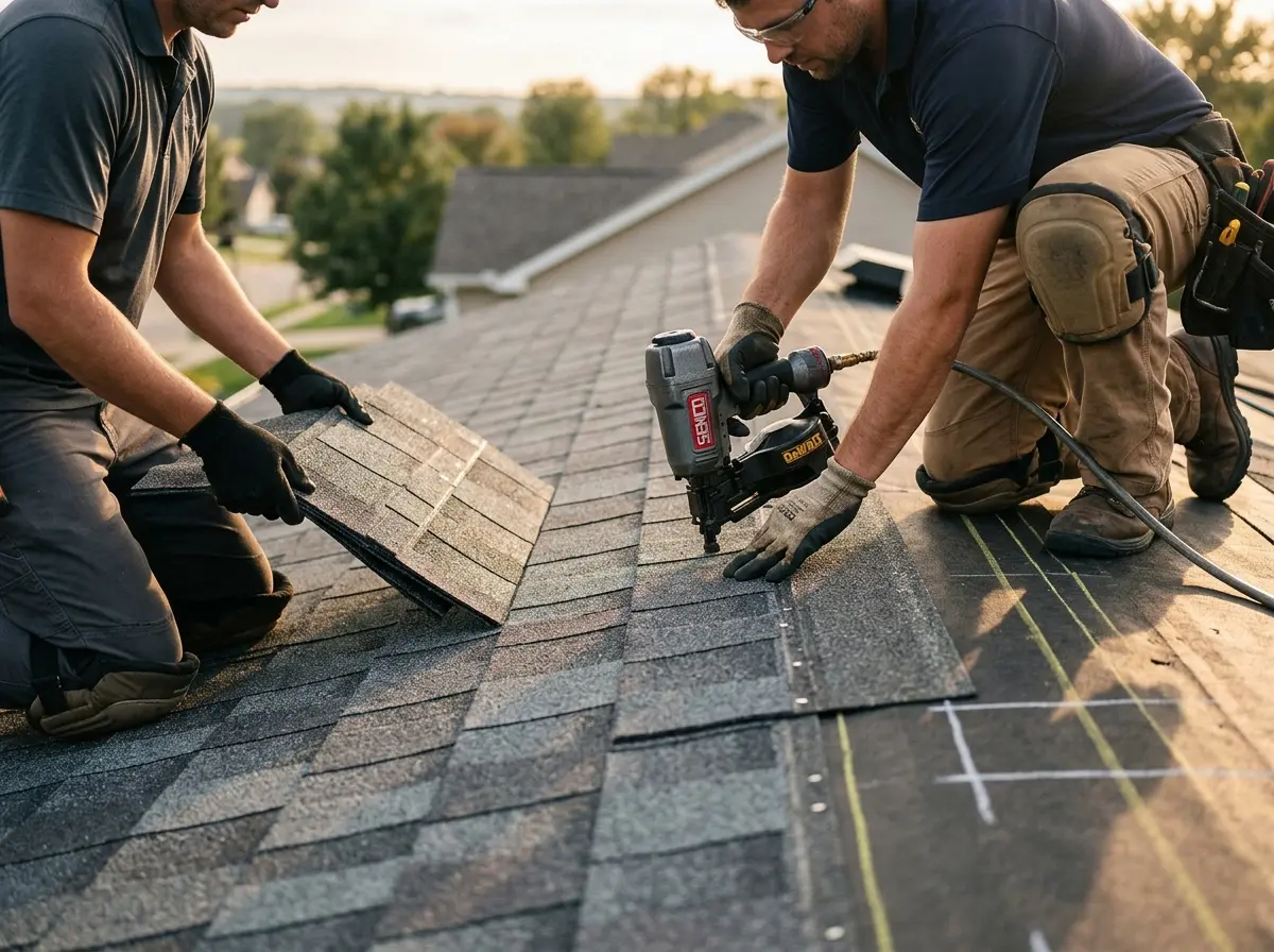 Professional roofer working on a residential roof in Wolfeboro
